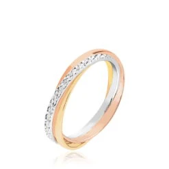 Alliance Entrelacee Diamantee Ruban Plat Or Tricolore