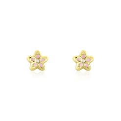 Boucles D'oreilles Puces Fleur Email Or Jaune