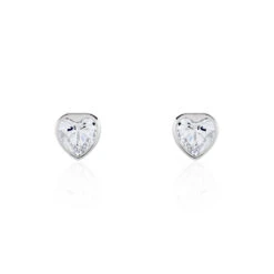 Boucles D'oreilles Puces Coeur Serti Clos Or Blanc Oxyde De Zirconium