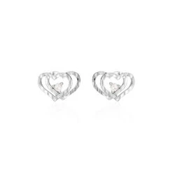 Boucles D'oreilles Puces Daria Double Coeurs Or Blanc Oxyde