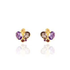 Boucles D'oreilles Pendantes Or Jaune Amethyste Et Quartz Et Citrine